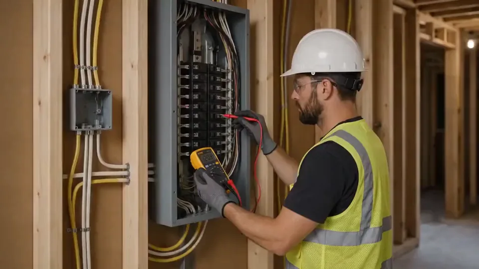 Electrician in a hard hat and hi-vis vest testing an electrical panel with a multimeter