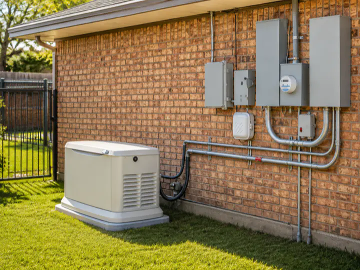 Standby generator and transfer equipment installed beside a brick home