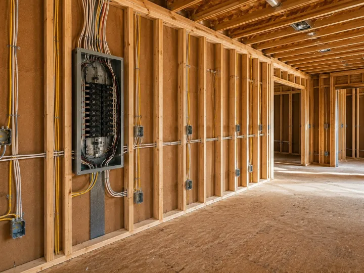 A new breaker panel and branch-circuit wiring roughed in on the open framing of a home
